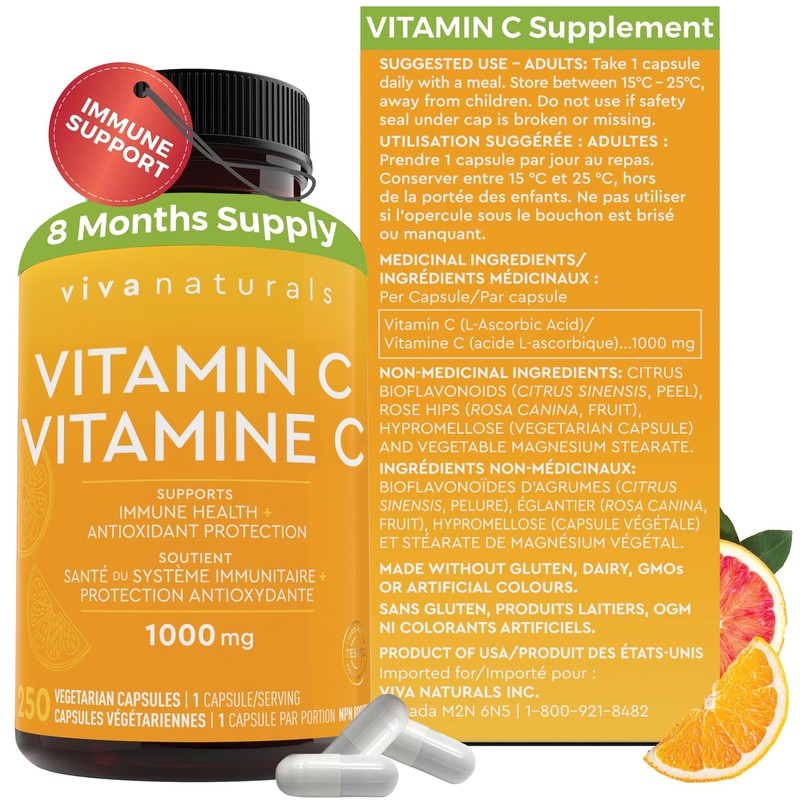 Viva Naturals Vitamin C 1000mg – Non-GMO Vitamin C Supplements with Citrus Biofl