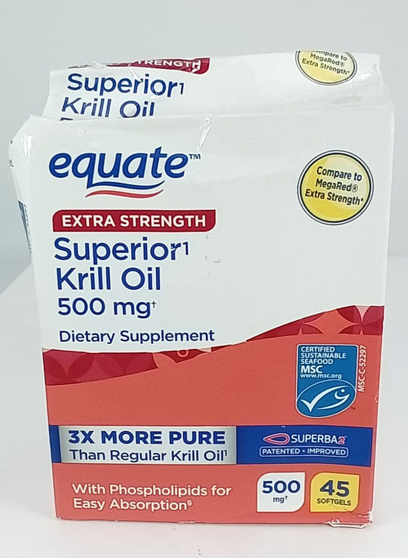 Equate Omega-3 Krill Oil 500 mg, 45 ct, Extra Strength Softgels. BEST BY 08/2026