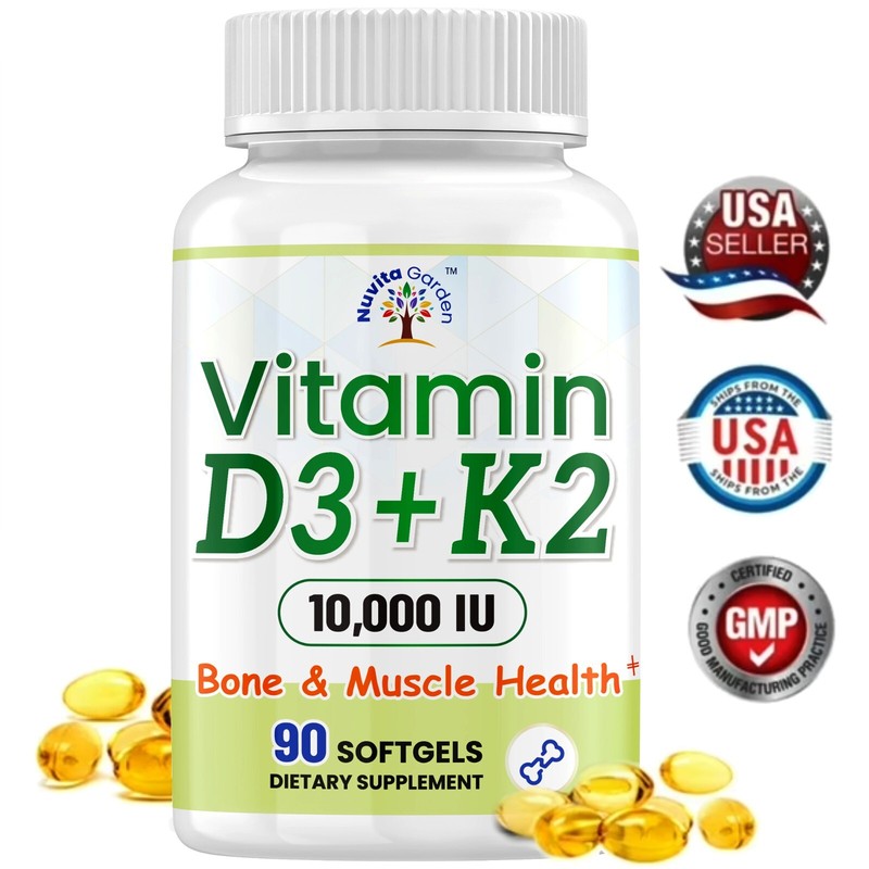 2-in-1 Vitamin D3 K2 Supplement, Vitamin D3 10000 IU and Vitamin K2 200 mcg