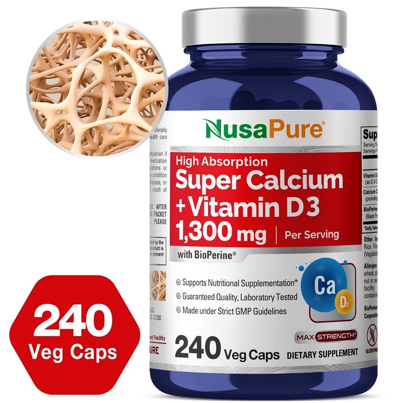 NusaPure Super Calcium 1300mg with Vitamin D3 and Bioperine 240 Veggie Caps