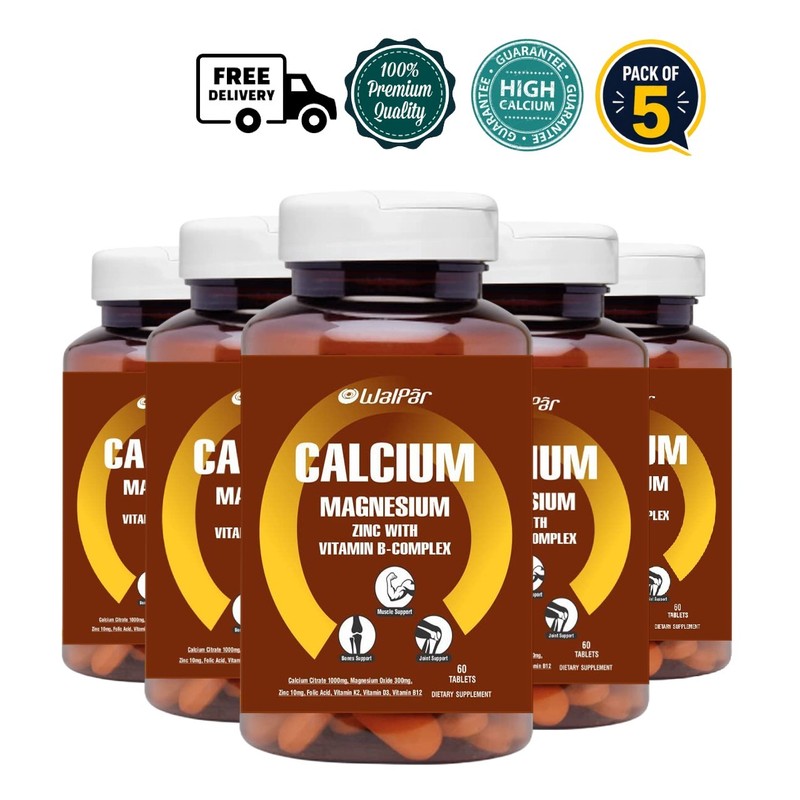 5 Pack WAL.PAR Calcium Citrate 1300mg Magnesium Zinc D3 B12