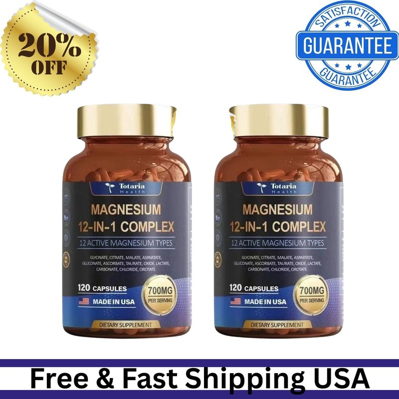 Magnesium 12 in 1 Complex 700mg – Dietary Supplement 120 Capsules, 2-piece Set