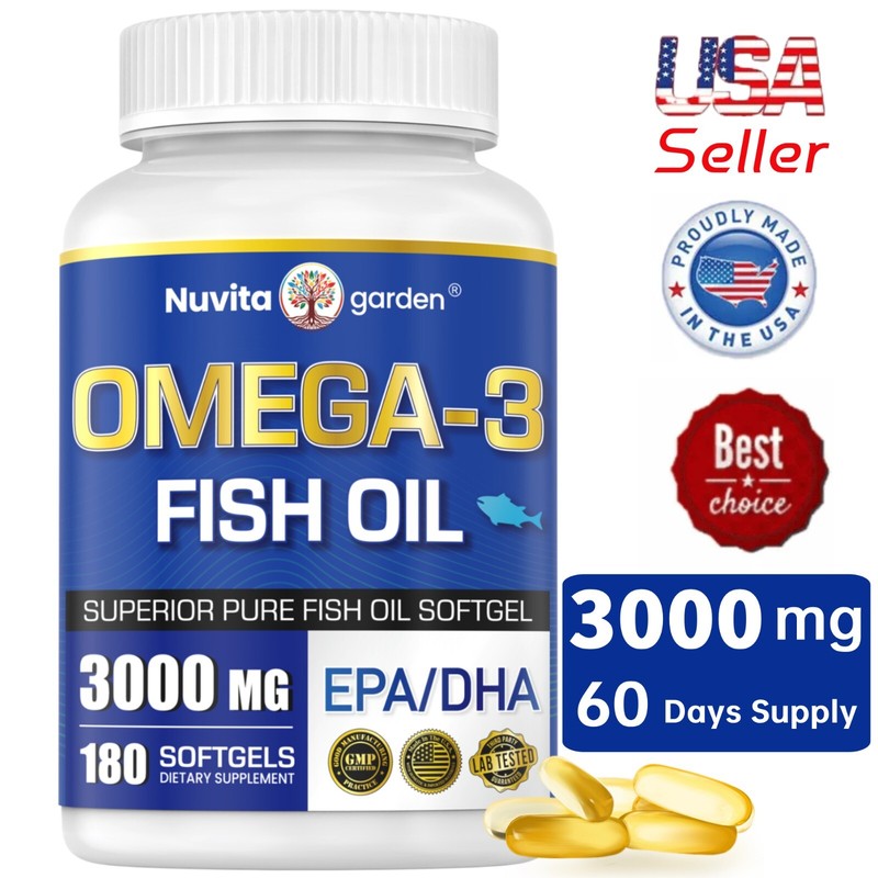 Fish Oil 3000mg with EPA & DHA, Omega-3 Fish Oil Healthy Heart, Supports Brain