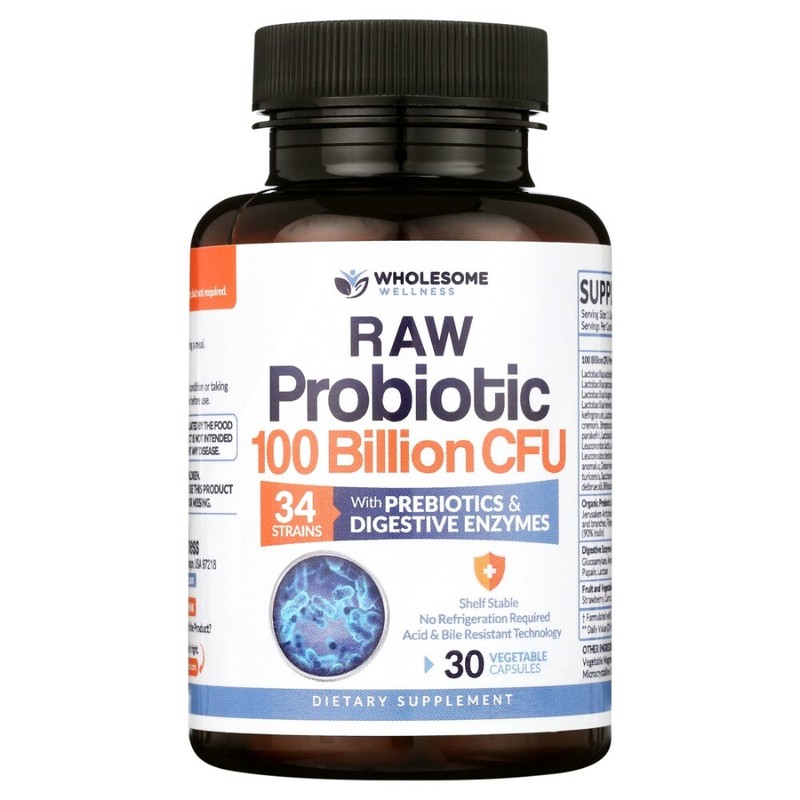 Raw Probiotics 100 Billion CFU Digestive Enzymes Prebiotic Gas Bloating 30 Pill