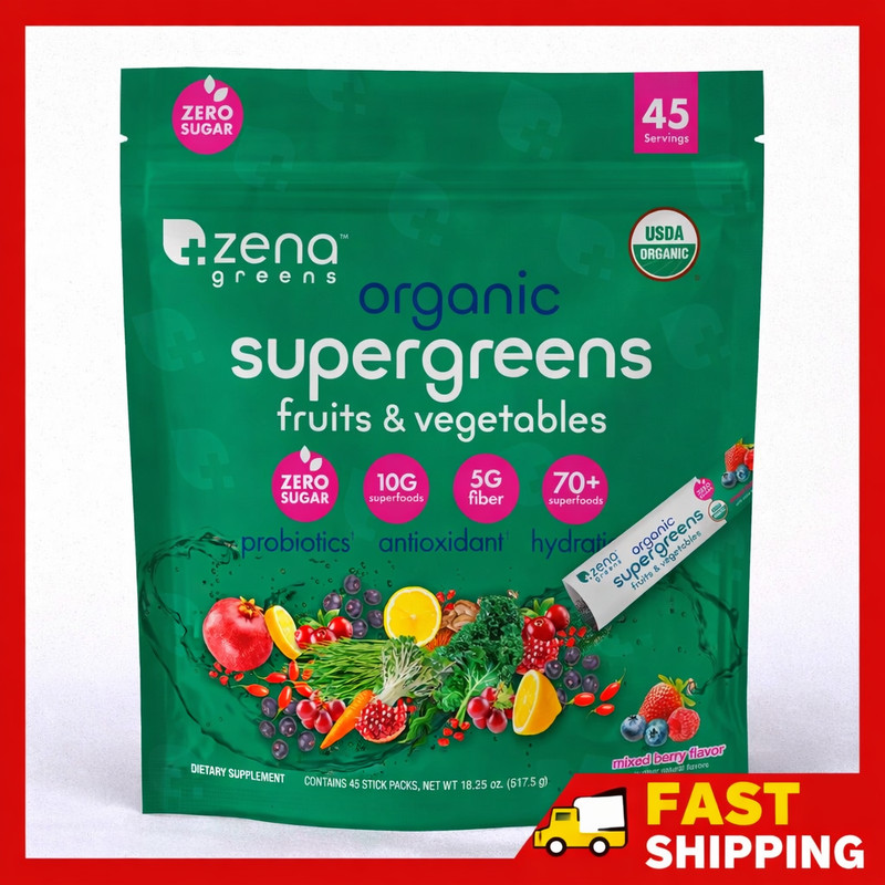 Zena Greens Organic Supergreens Fruits & Vegetables Powder 45 Packs Zero Sugar
