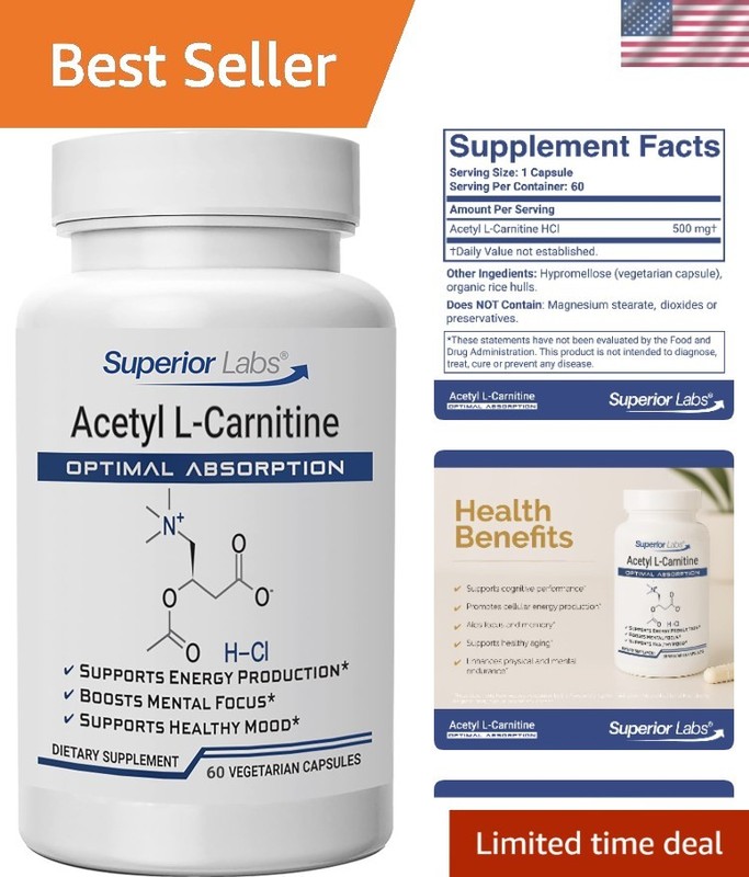 Acetyl L-Carnitine 500 mg - Natural Brain Support & Detox, 100% Pure Veggie Caps