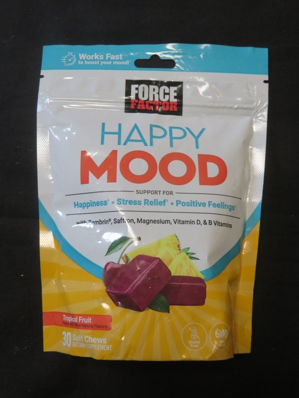 Force Factor Happy Mood 28 Soft Chews Tropical Fruit Stress Relief OPENED