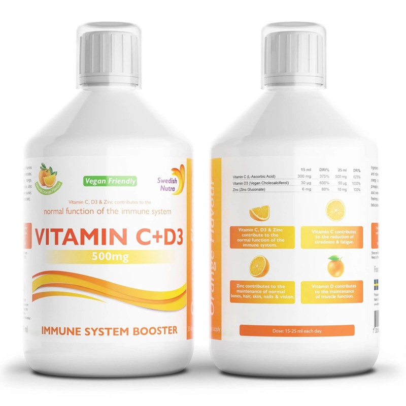 Swedish Nutra Vitamin C + D3 + Zinc Liquid Immune Booster, Vegan Formula 3x500ml gallery