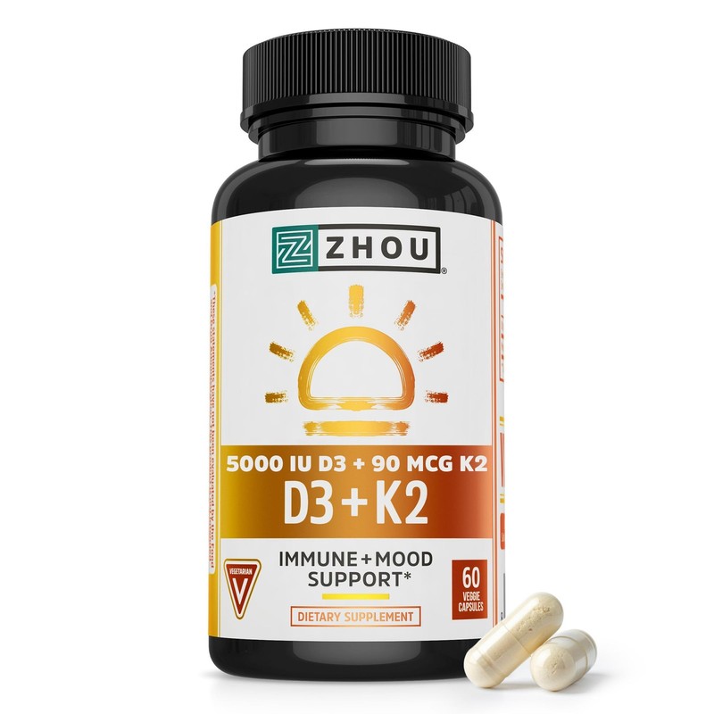 Zhou D3+K2 – Vitamin D3 K2 Supplement for Women & Men, 60 Count (Pack of 1)