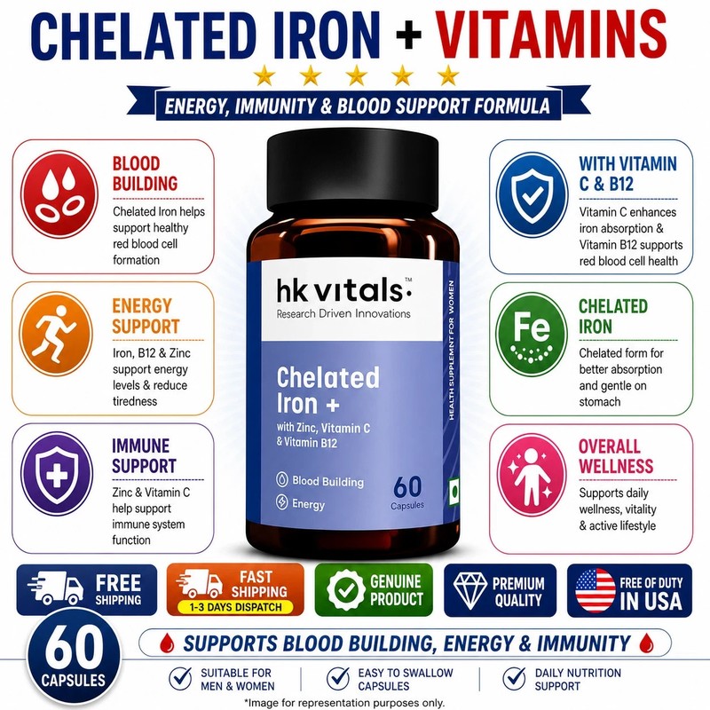 HK Vitals Chelated Iron Capsules Zinc Vit C B12 Energy Support 60 Ct