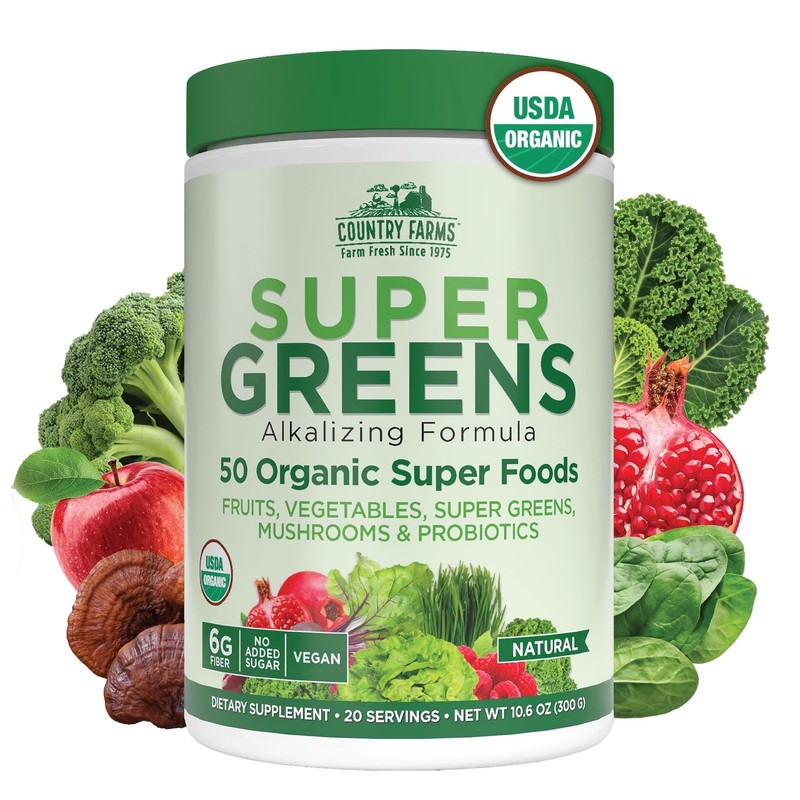 Country Farms Organic Super Greens Powder, 50 10.6 Ounce (Pack of 1), Green