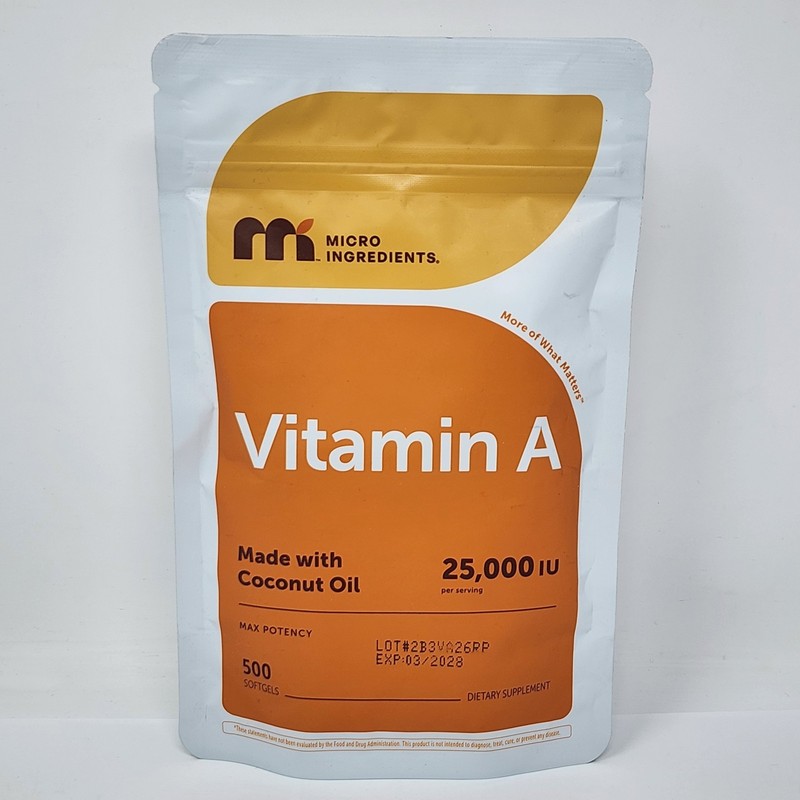 Micro Ingredients Vitamin A, 25000 IU with Coconut Oil, 500 Softgels Exp 03/2028