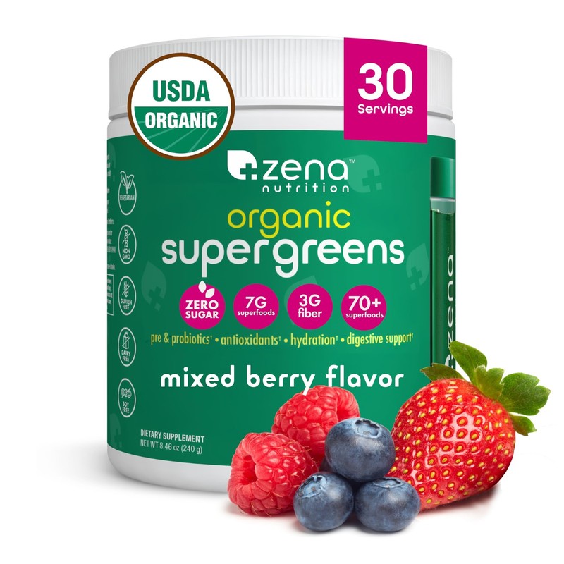 Zena Nutrition Organic Super Greens Powder, 70+ Superfoods, 0 Sugar, 3G Fiber…