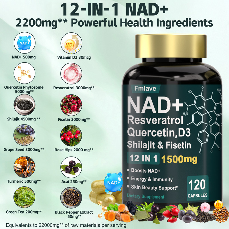 NAD+ 1500mg Supplement for Cellular Energy Support Men & Women, NR & Resveratrol