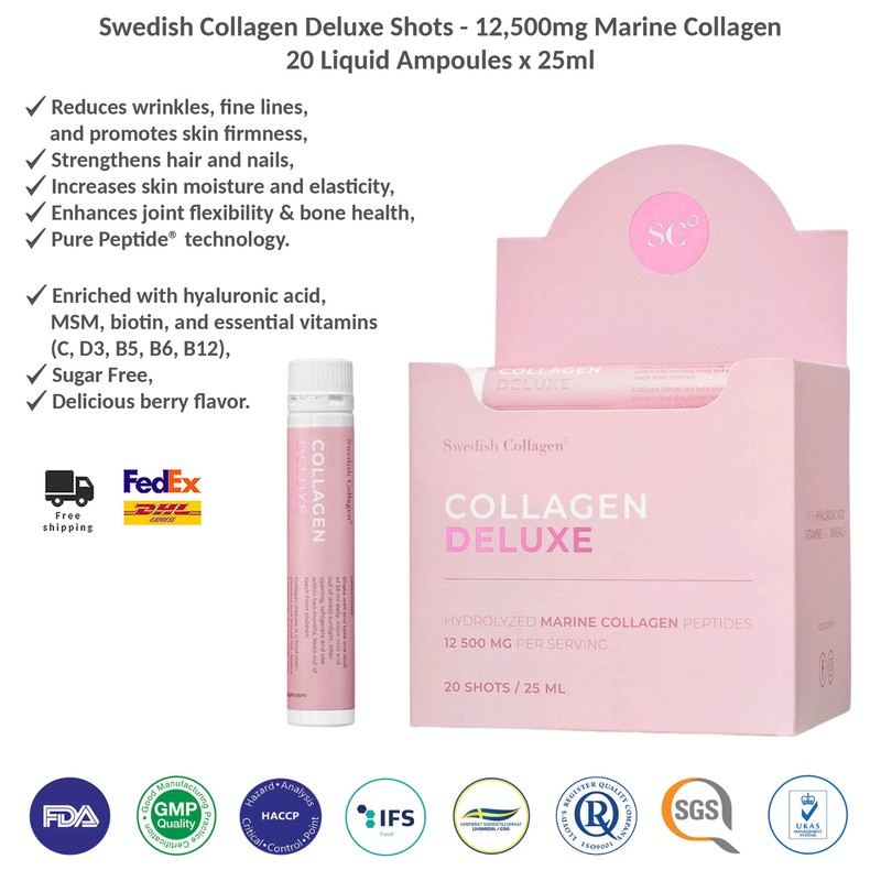 Swedish Collagen Deluxe Shots 12.500mg Marine Collagen 20 Liquid Ampoules x 25ml