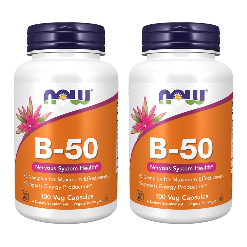 2 x NOW Vitamin B50 mg Energy Production Nervous System Health 100 Veg Caps