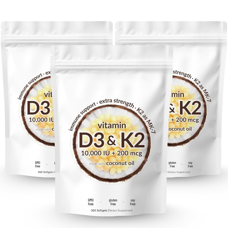 (Pack Of 3) Vitamin D3 10000 iu Plus K2 200 mcg, 300 Virgin Coconut Oil Softgels