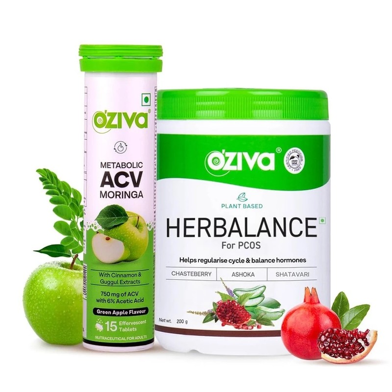 OZiva Plant Based HerBalance for PCOS Supplements & ACV Moringa for Weight Loss