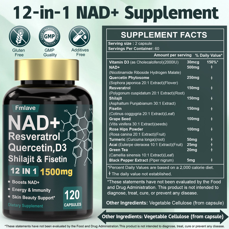 NAD+ 1500mg Supplement for Cellular Energy Support Men & Women, NR & Resveratrol gallery