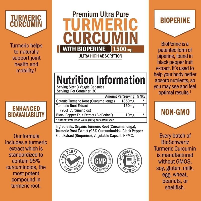 Turmeric Curcumin with Black Pepper Extract 1500mg High Absorption Potent, 180ct gallery