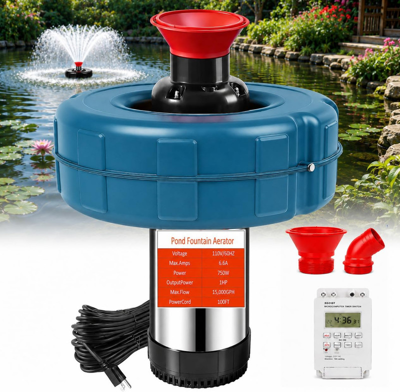 Pond Fountain Aerator, 1HP 110V 15000 GPH Stainless Steel Floating Pump W/100Ft