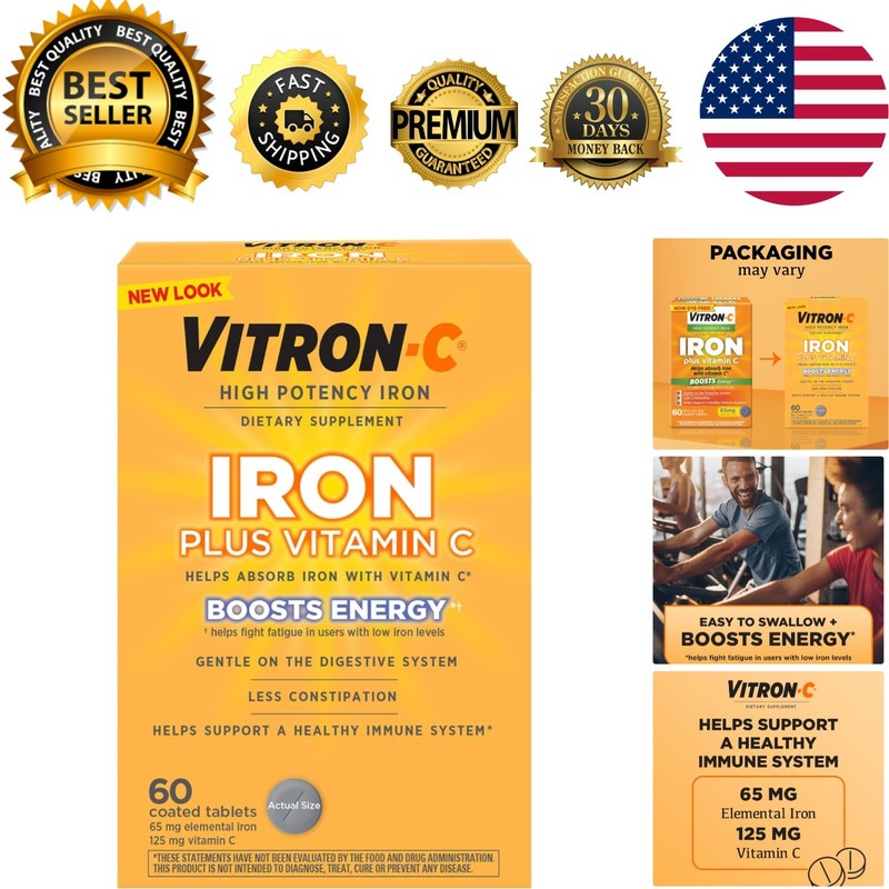 Vitron-C High Potency Iron & Vitamin C – 60 Count, Gentle on the Stomach