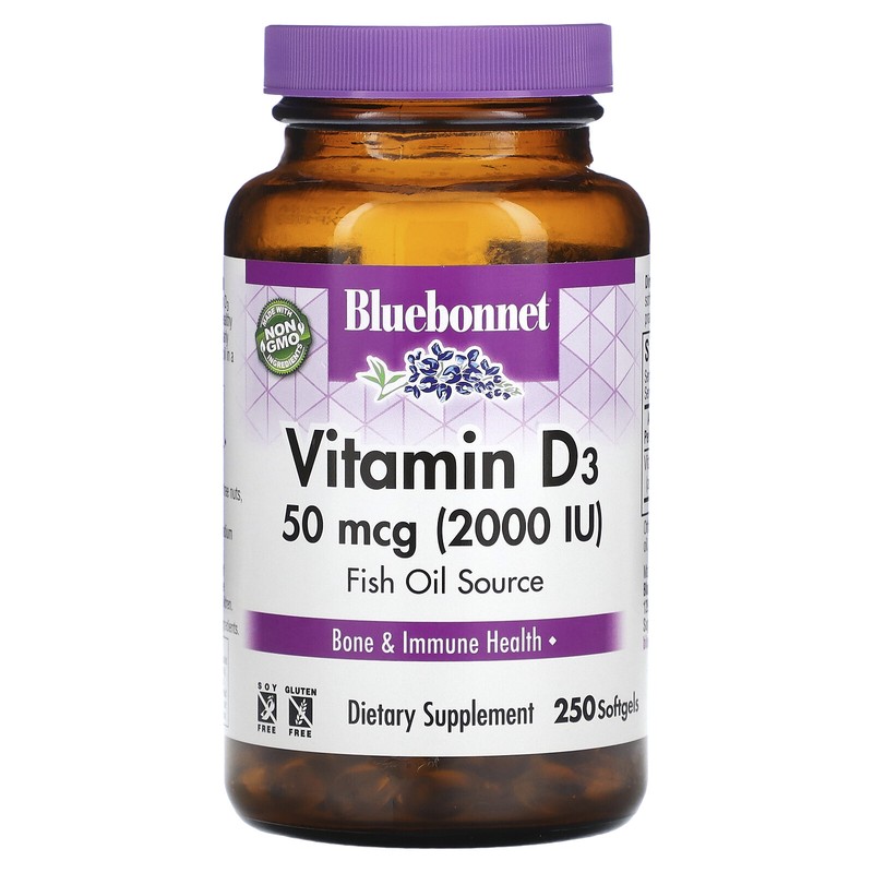 Bluebonnet Nutrition Vitamin D3 2 000 IU 250 Softgels Egg-Free, Gluten-Free,