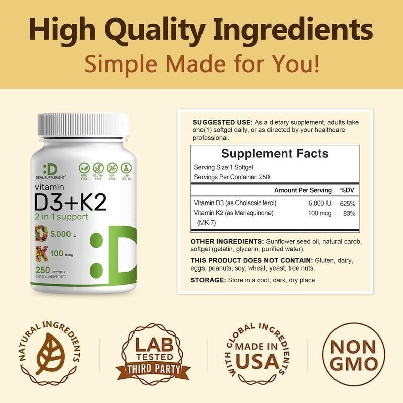 NEW Vitamin D3 5000 IU with K2 MK7 250 Veggie Softgels Bone Immune Support gallery