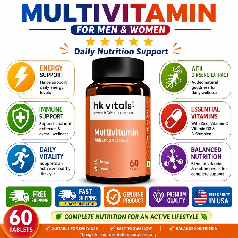 HK Vitals Multivitamin Tablets Men Women Zinc Vit C D3 Ginseng 60 Ct