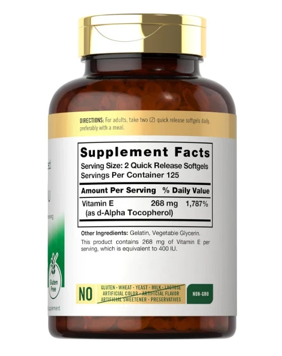 Carlyle Vitamin E 400iu 268mg Naturally-Sourced 250 Quick Release Softgels gallery