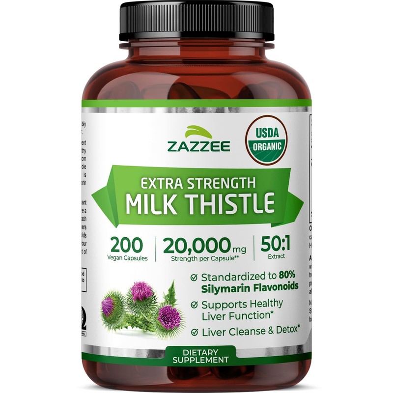 Zazzee USDA Organic Milk Thistle 501 Extract, 20,000 mg Strength, 200 Vegan C…