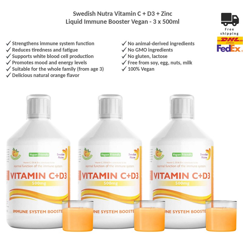 Swedish Nutra Vitamin C + D3 + Zinc Liquid Immune Booster, Vegan Formula 3x500ml