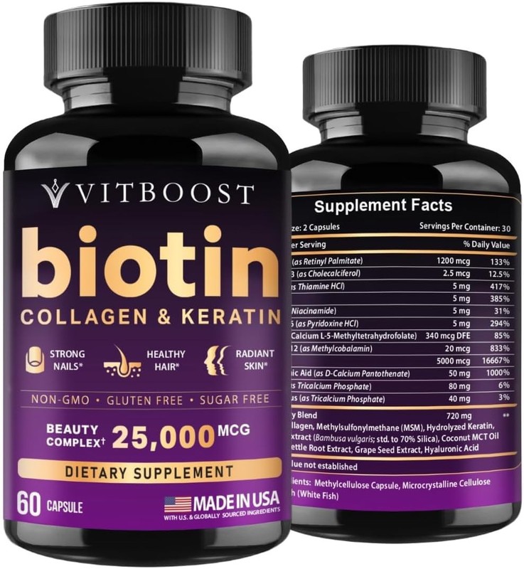 Biotin w/ Hyaluronic Acid Collagen & Keratin Beauty Complex 25000mcg Hair Growth
