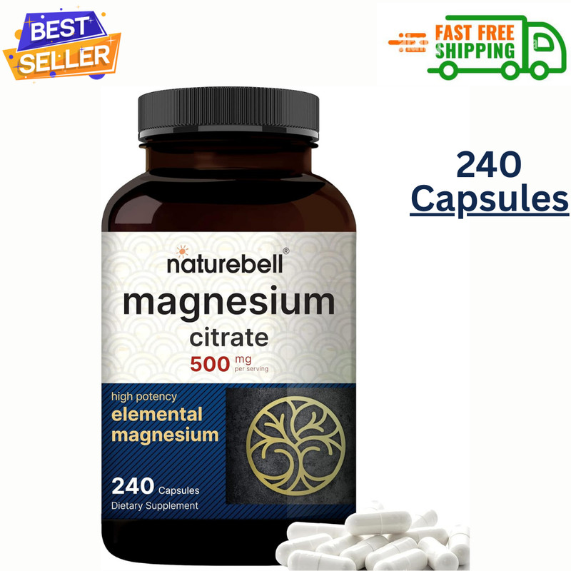 Naturebell Magnesium Citrate 500Mg, 240 Capsules | High Purity Elemental Form…