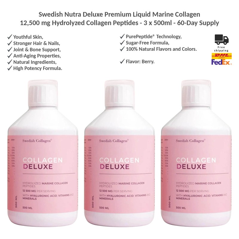 Swedish Nutra Deluxe Premium Liquid Marine Collagen 12,500 mg – 500ml x 3