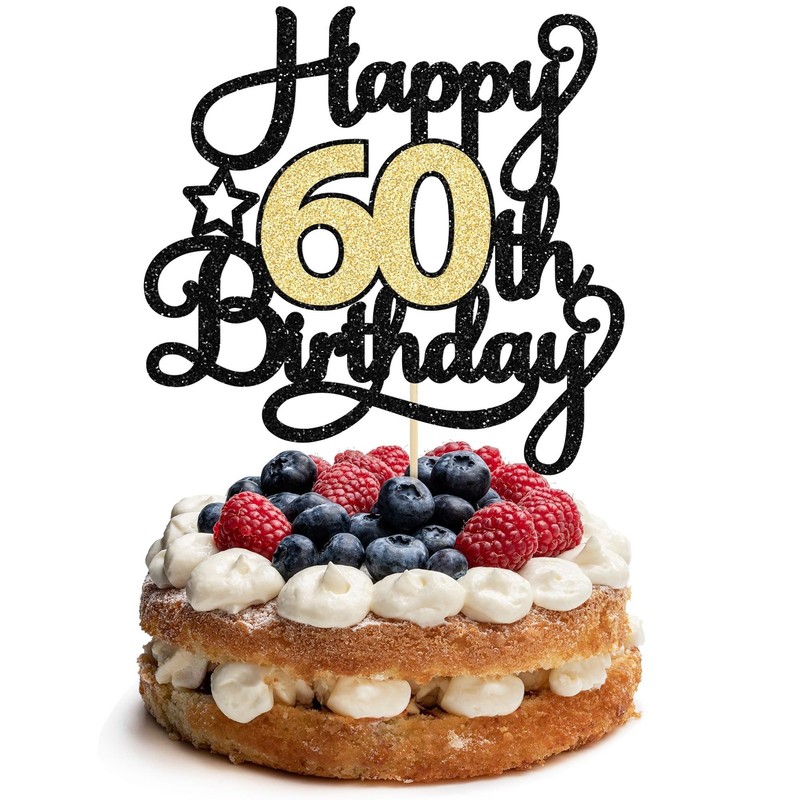 1Pc Happy 60th Birthday Cake Topper Black Gold Glitter Cheers to 60 Years Bir…