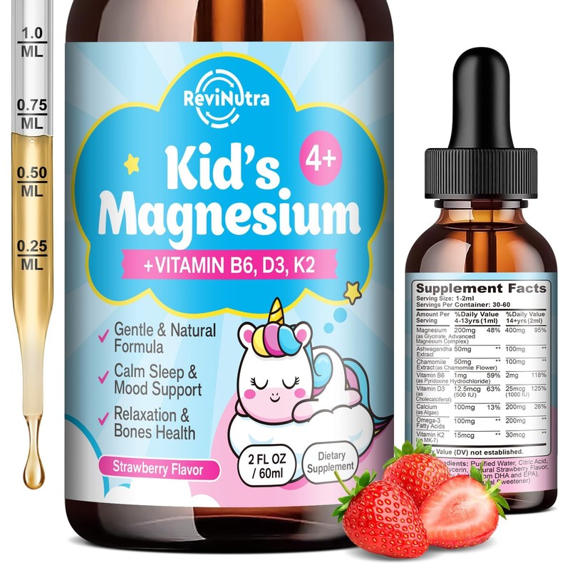 Kids Magnesium Glycinate Liquid Drops with Omega-3, 2 Fl Oz (Pack of 1)
