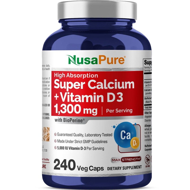 NusaPure Super Calcium 1300mg Vitamin D3-240 Veggie Caps Non-GMO Soyfree Biop…