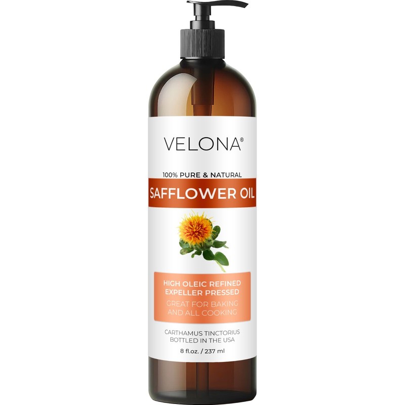 Safflower Oil by Velona – 8 Fl Oz Refined Expeller pressed Cooking Skin Body