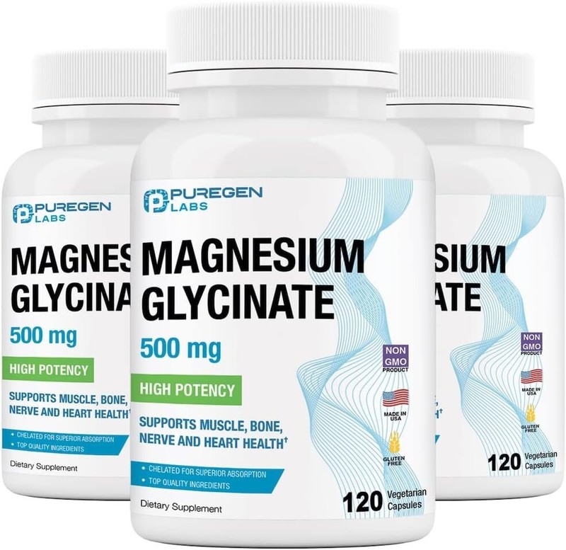 Puregen Labs Magnesium Glycinate 500mg High Potency 120 Veggie Caps Pack of 3