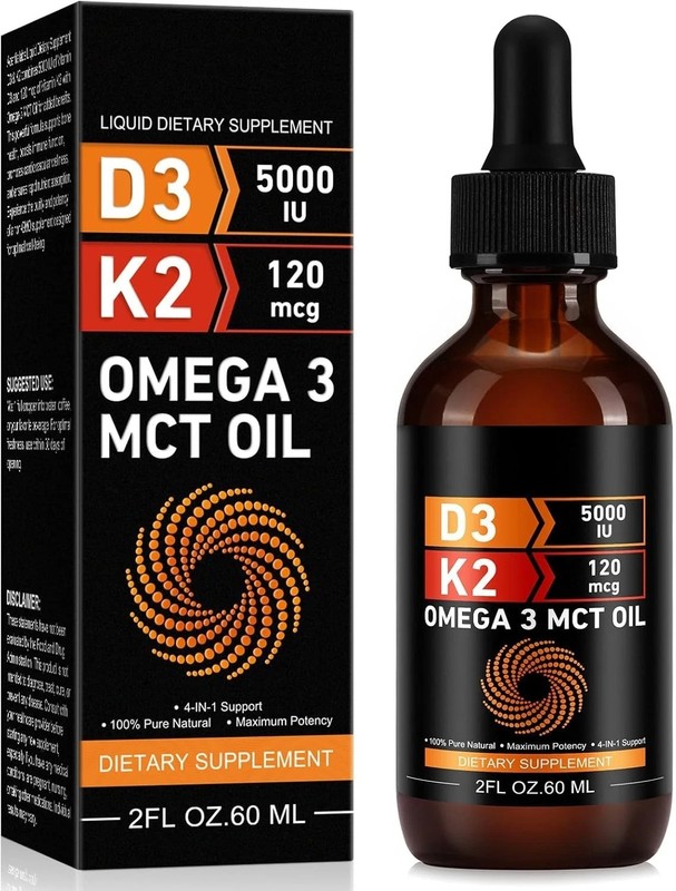 Liquid Vitamin D3 5000 IU & K2 MK-7 Drops with MCT Oil 60ml Dietary Supplement
