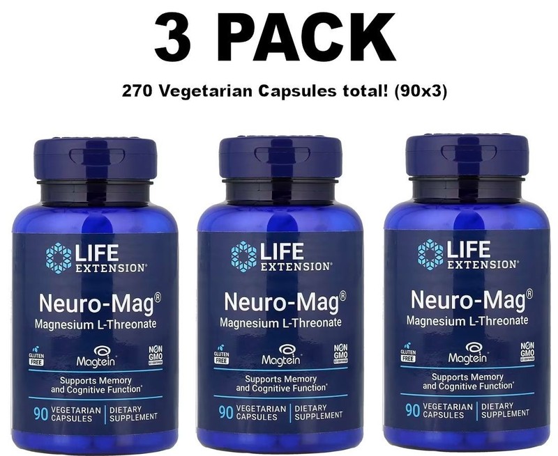 Magtein, 3 PACK, Neuro-Mag Magnesium L-Threonate, 90 Vegetarian Capsules each