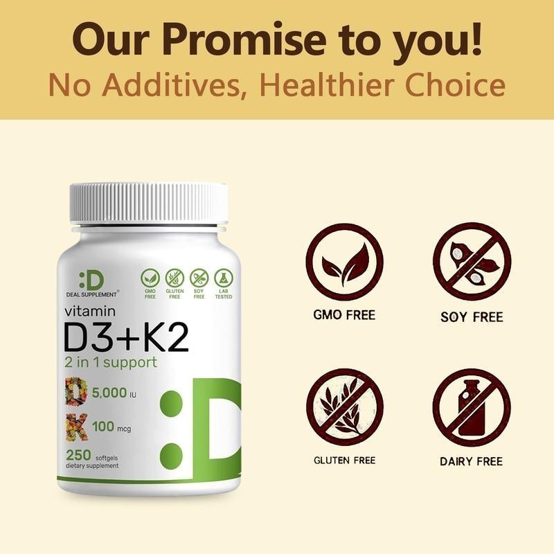 NEW Vitamin D3 5000 IU with K2 MK7 250 Veggie Softgels Bone Immune Support gallery