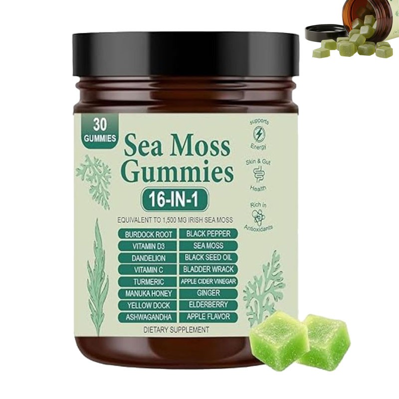 16 in 1 Organic Sea Moss Gummy | Irishmoss Extract 6000Mg | Green Apple Flavor