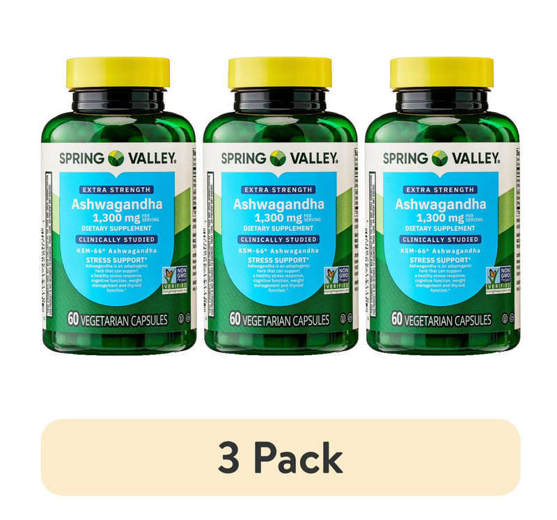 3 Pack Ashwagandha 1300 mg KSM-66 Spring Valley 180 Veg Caps