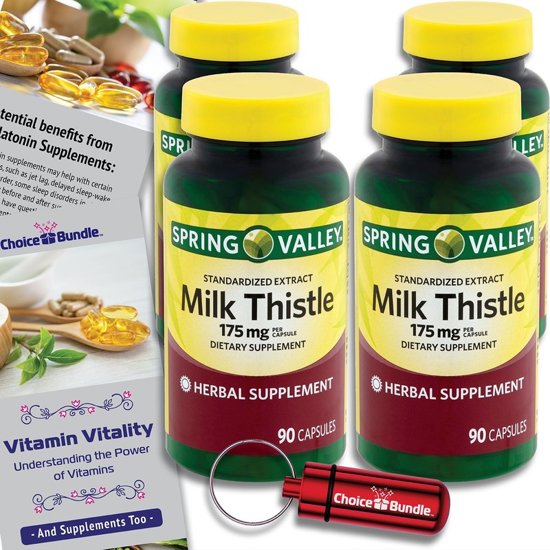 4 Pack Spring Valley Milk Thistle 175mg 90 Capsules + Pill Case Guide