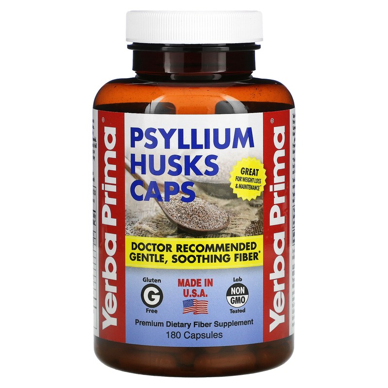Yerba Prima Psyllium Husks Caps 625 mg 180 Capsules Gluten-Free, GMP Quality