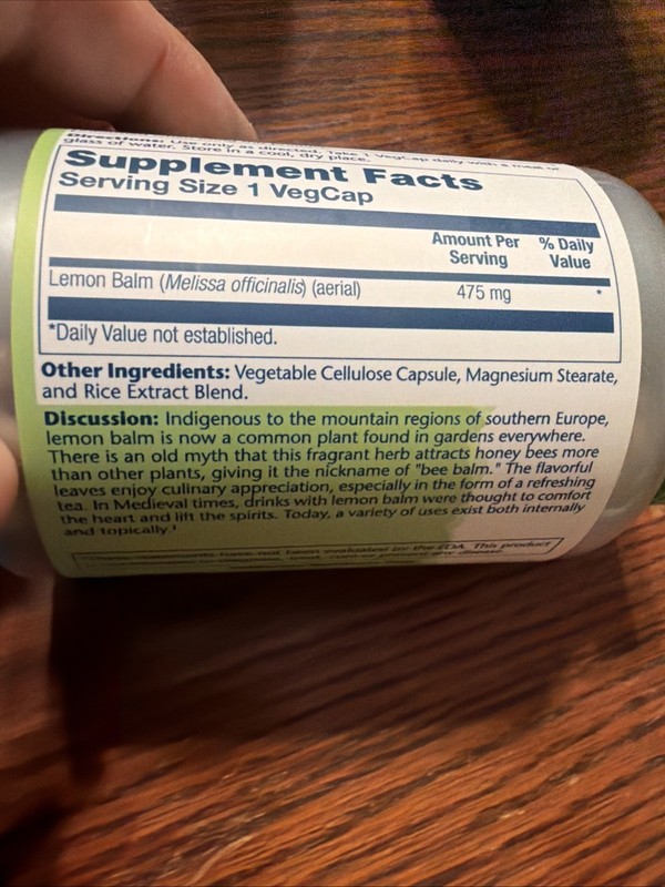 Solaray Lemon Balm Aerial 475mg | Non-GMO, Vegan | 100 CT EXP 03/2029 gallery