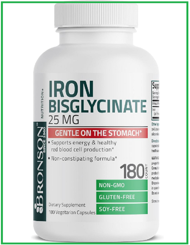 Bronson Iron Bisglycinate 25mg Supports Energy Non-Constipating 180 Veg Capsules