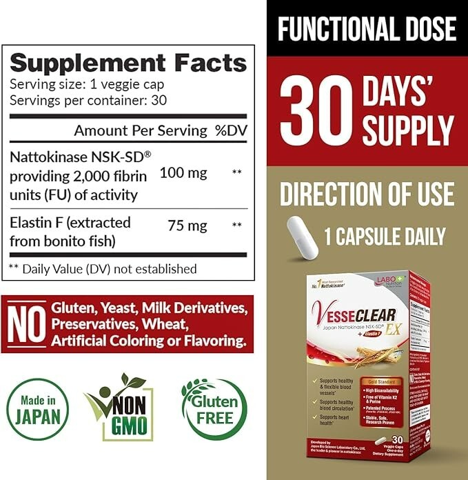 LABO Nutrition VesseCLEAR EX: Nattokinase NSK-SD+Elastin 30 Count (Pack of 3) gallery
